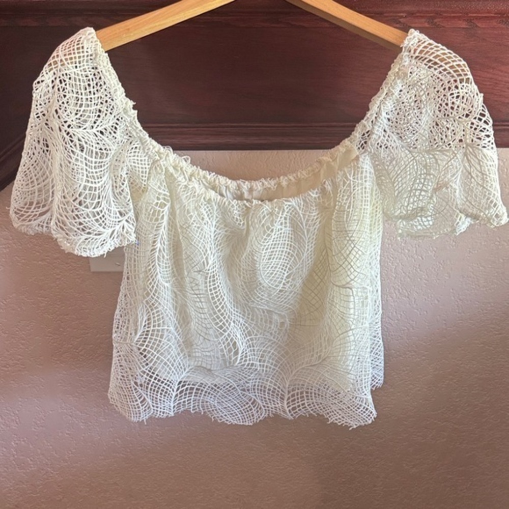 Merritt Charles Women’s SML Cream White Lace Off-Shoulder Mesh Loose Fit Blouse